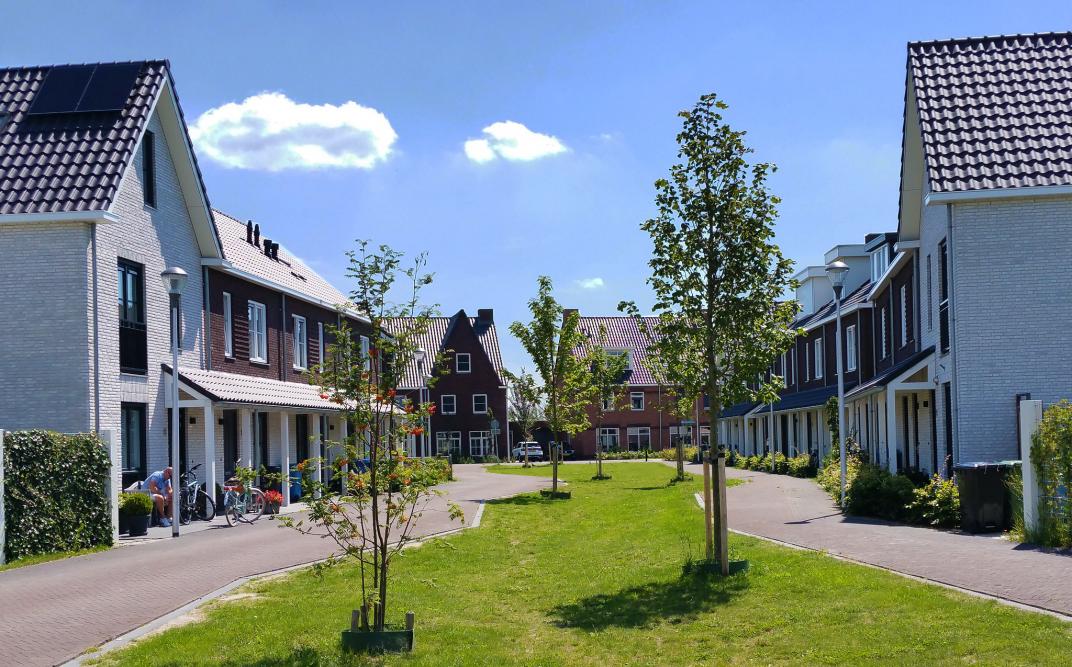 Woonwijk met woonpaden in plaats van stoepen
