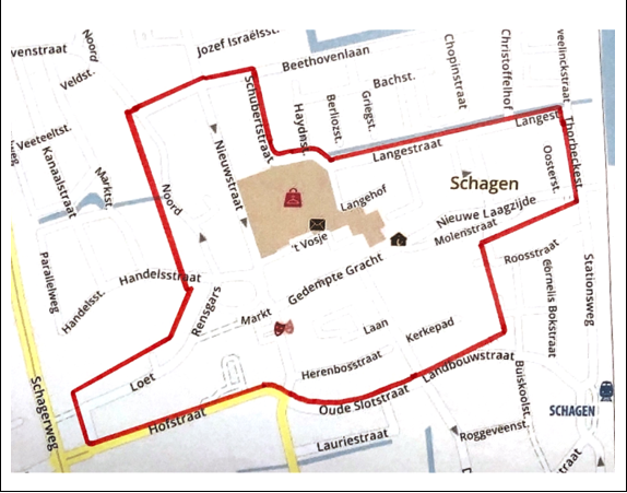 Dit is een plattegrond van centrum Schagen. De rode lijn geeft de grenzen van het BIZ-gebied aan.