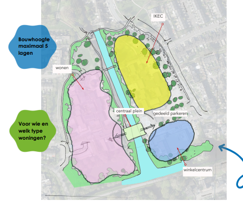 Dit is een plattegrond met daarin de locatie van het intregraal kind- en experticecentrum, het winkelcentrum en de locatie van de woningbouw. 