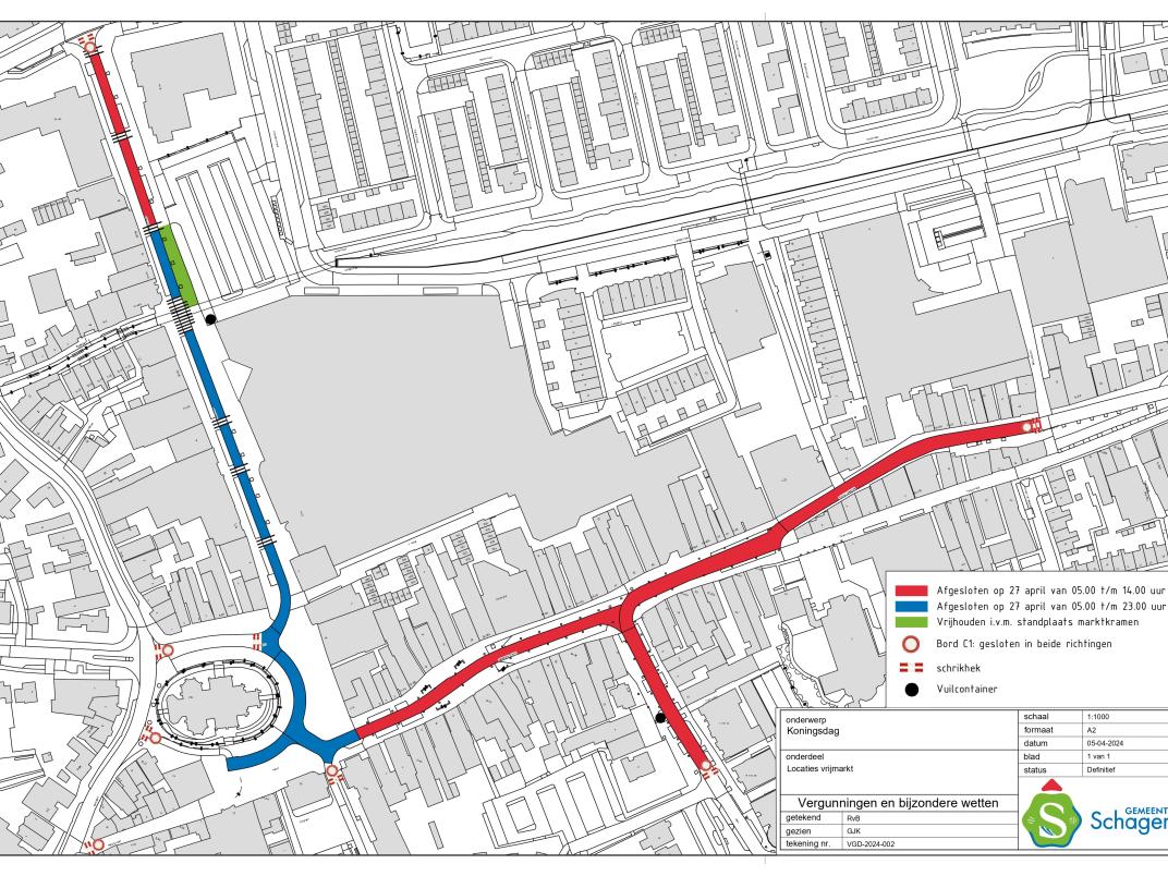 Plattegrond van de vrijmarkt in het centrum van Schagen 